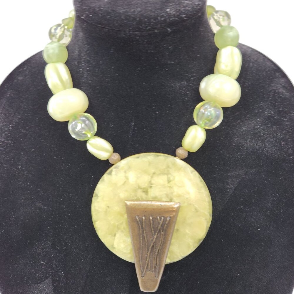 Chunky Green Beaded Statement Necklace With Large Light Green Pendant & Bronze A